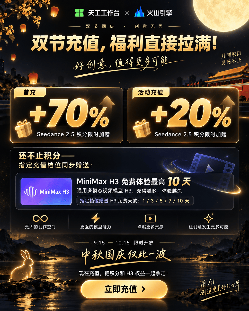 首购积分加赠70%：SkyProduction天工工作台联合火山引擎推出中秋国庆三重福利