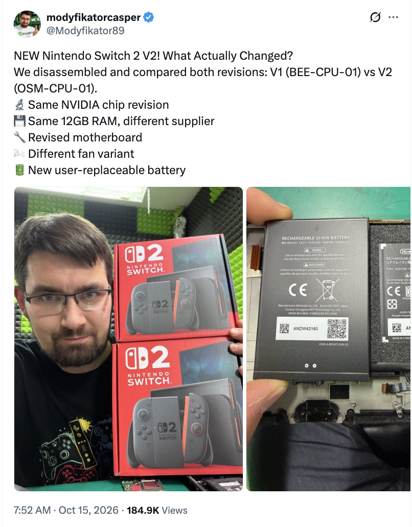 技术人员拆解任天堂 Switch 2 可换电池版:仍使用群创光电面板、内存供应商有所变化