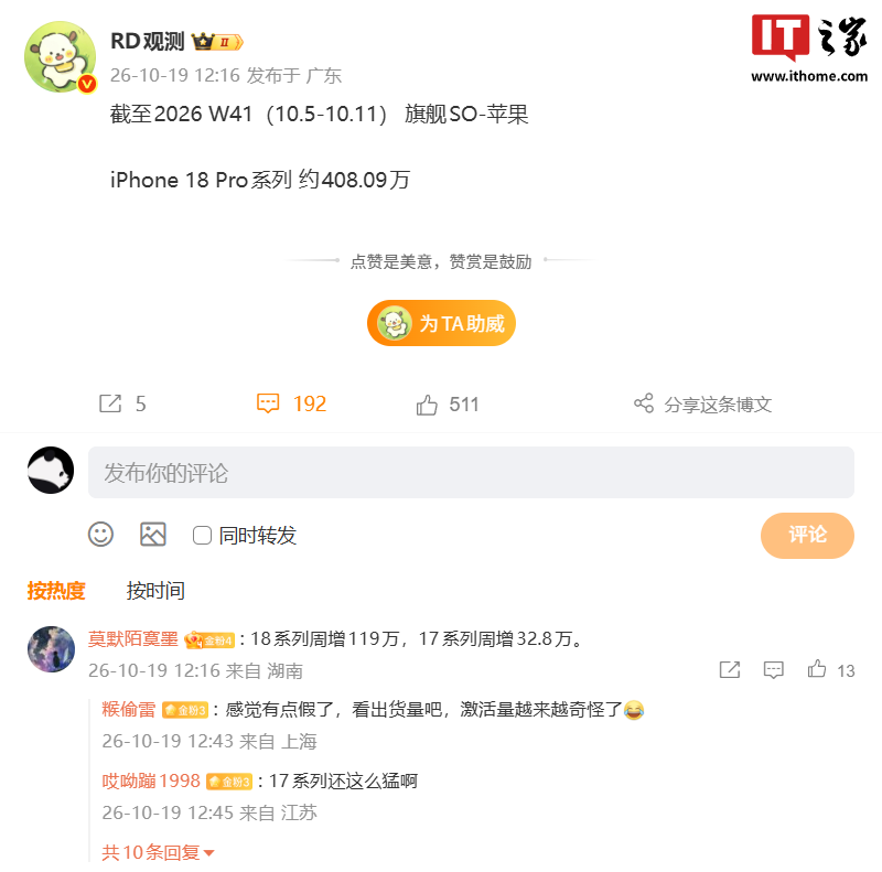 周增超百万:苹果 iPhone 18 Pro 最新销量数据曝光,系列累计突破 408 万台