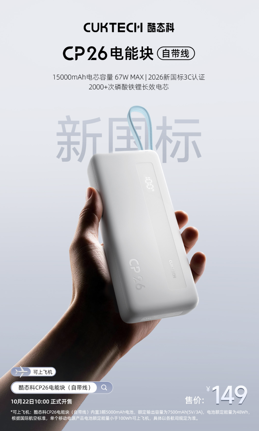 酷态科 CP26 电能块「自带线」移动电源上架:2C+1A 支持 67W 输出,15000mAh、黑白双色售 149 元