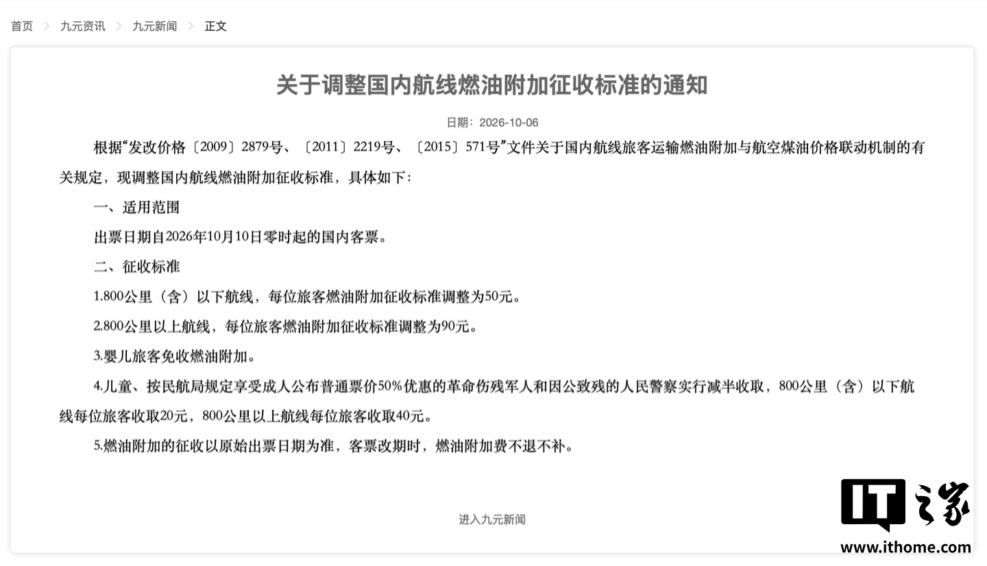 国内航线燃油附加费 10 月 10 日起上调:800 公里及以下涨 10 元,800 公里以上涨 20 元