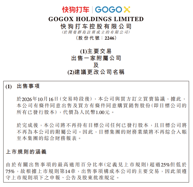 快狗打车拟 1 元出售中国内地业务，并更名“GOGO 科技”