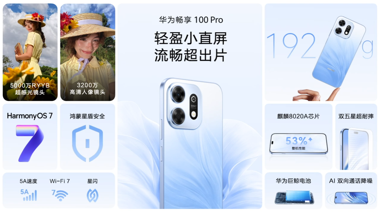 华为畅享 100 Pro 手机发布：定位“轻盈小直屏”、麒麟 8020A 加持，1799-2699 元
