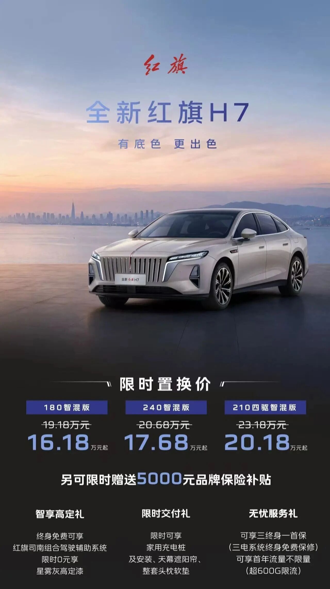 全新一汽红旗 H7 将于 9 月 16 日上市,限时置换价 16.18 万元-20.18 万元