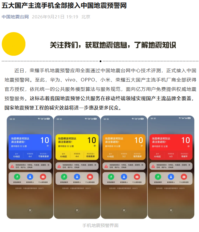 华为、vivo、OPPO、小米、荣耀五大国产主流手机全部接入中国地震预警网