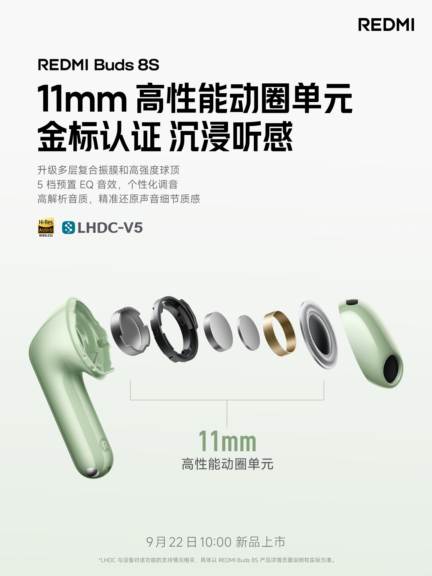 小米 REDMI Buds 8S 耳机预热：单耳 4.2g、综合降噪量提升 70%，9 月 22 日上市