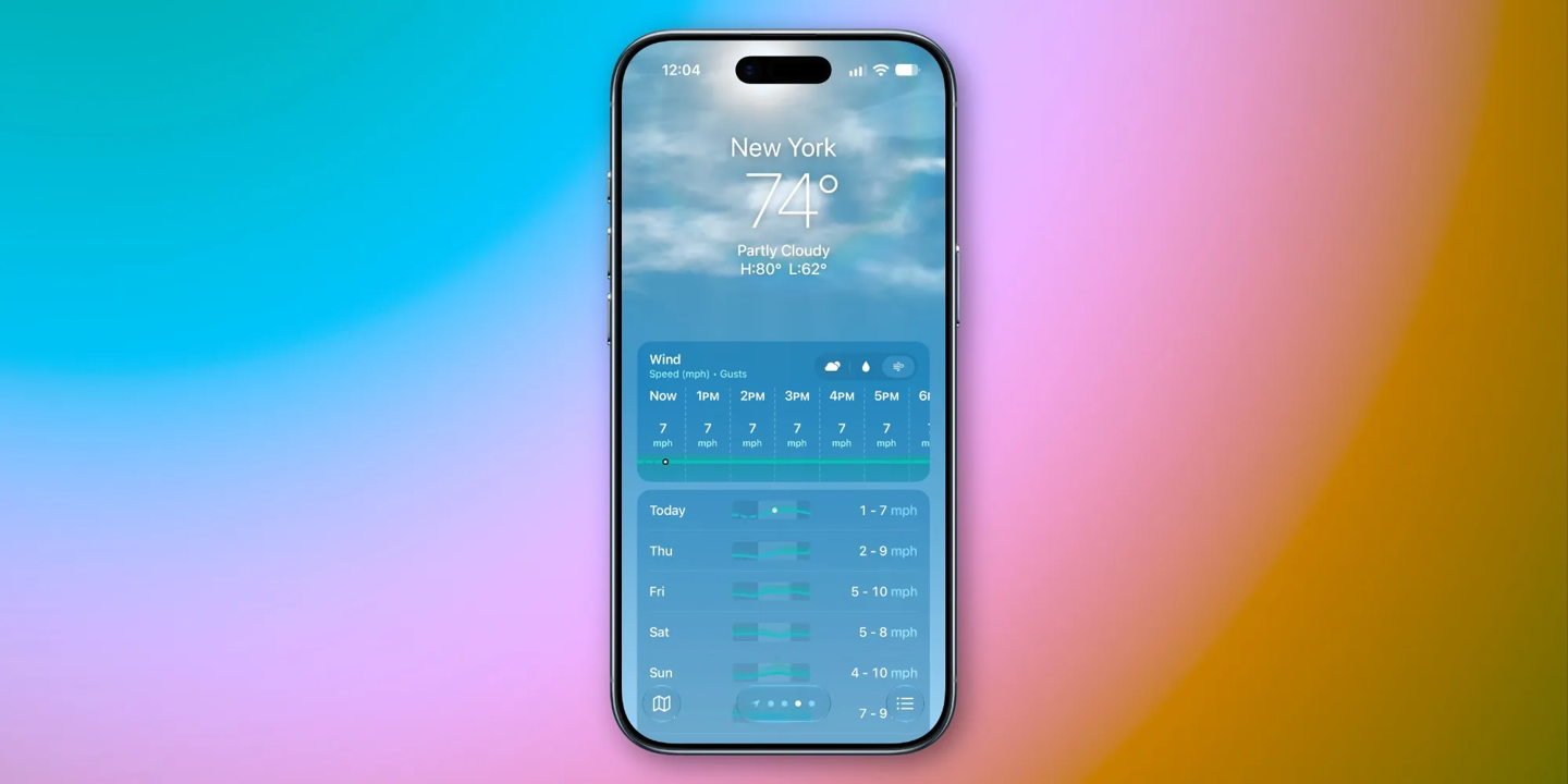 苹果 iOS 27 版天气升级预报主页,让用户洞悉天气状况 / 降水 / 风力