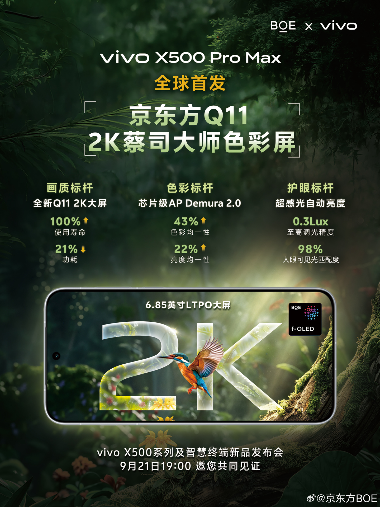 京东方迄今最新、水准最高的 Q11 发光材料,vivo X500 Pro Max 手机 2K 蔡司大师色彩屏亮点公布