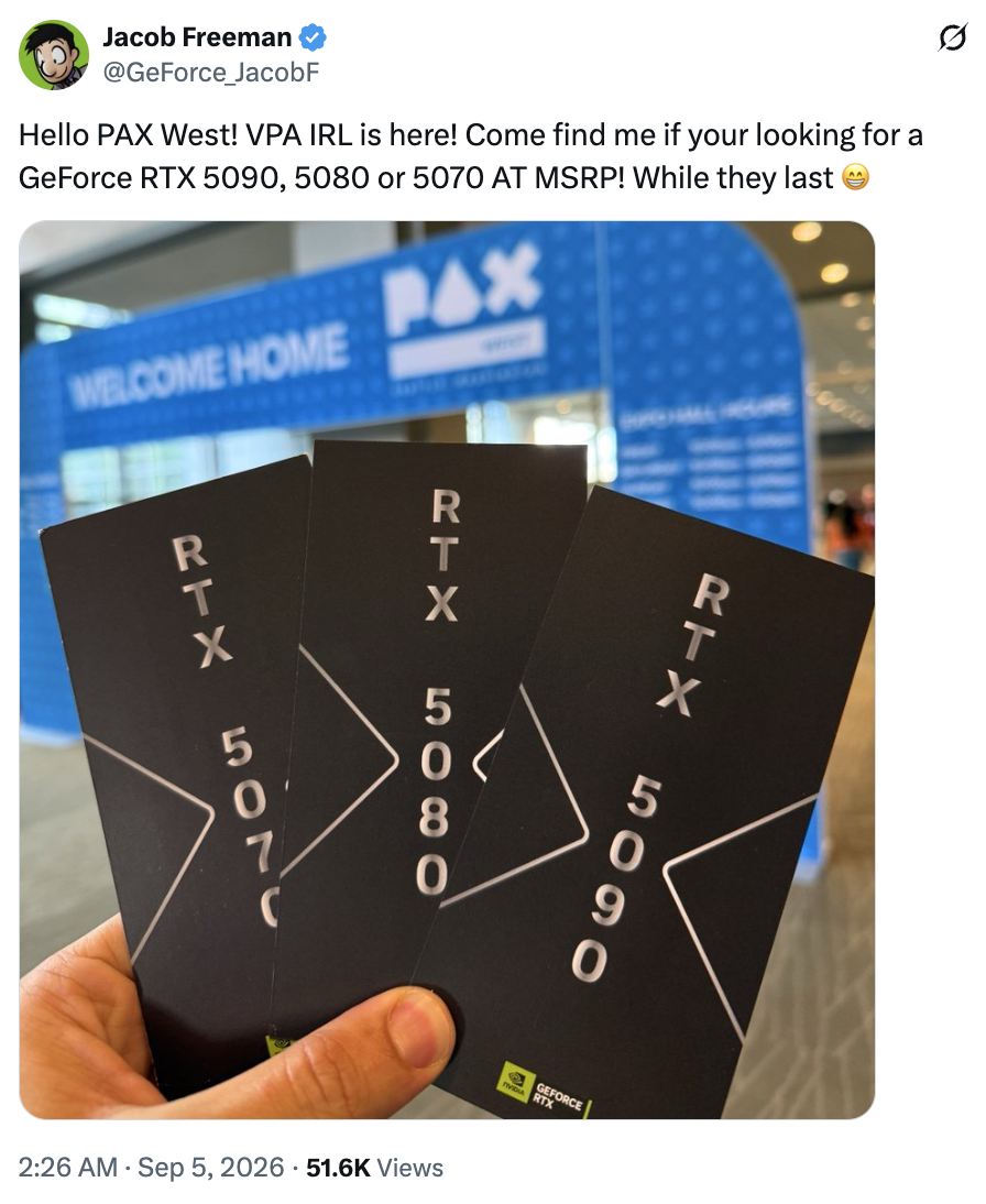英伟达宣布在 PAX West 游戏展以官方建议零售价销售 RTX 50 系列 Founders Edition 显卡