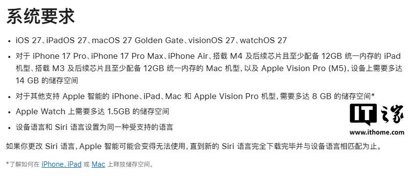 苹果调整 iOS 27 Apple 智能表述:iPhone 17 Pro 等部分机型需多达 14GB 存储空间