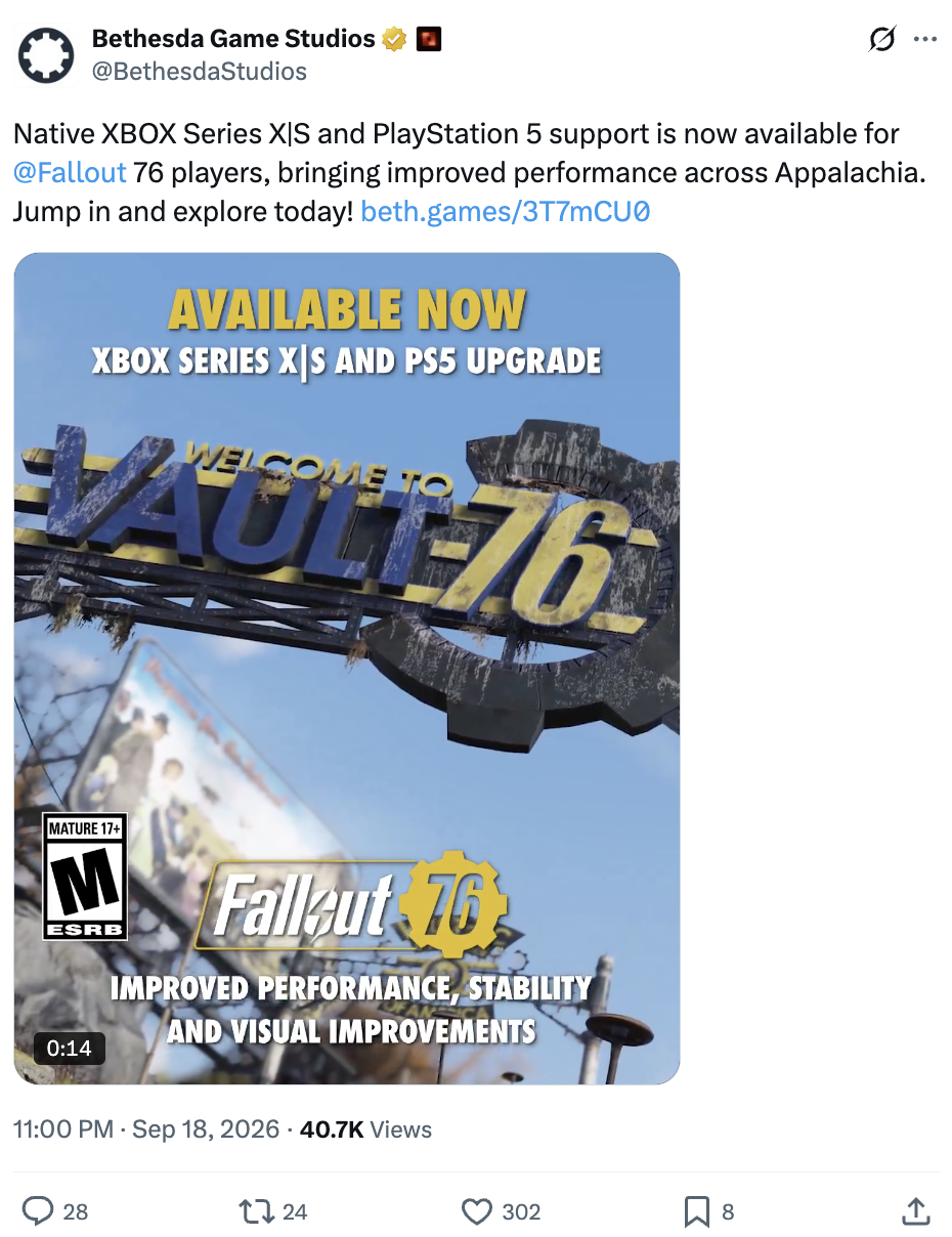 B 社《辐射 76》正式为 XBOX Series X|S、PS5 版本提供原生支持