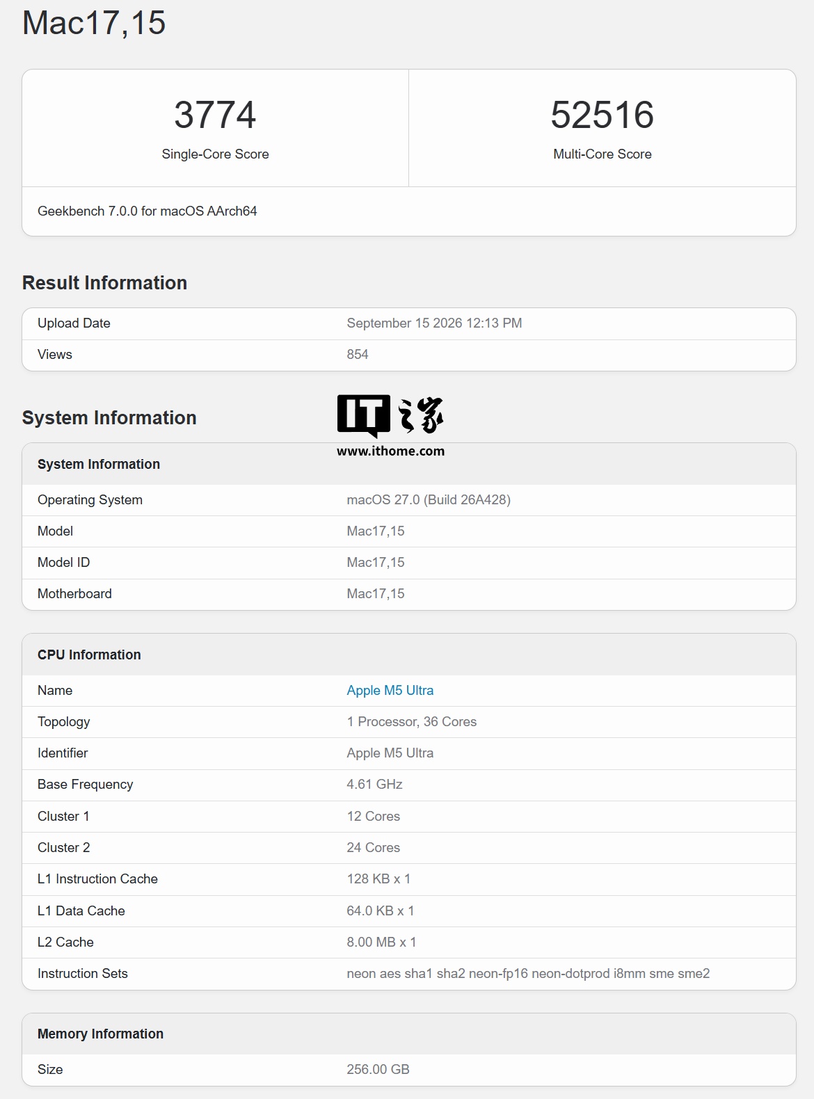苹果 M5 Ultra 款 Mac Studio 跑分曝光:单核较 M3 Ultra 款高约 29%、多核高约 34%