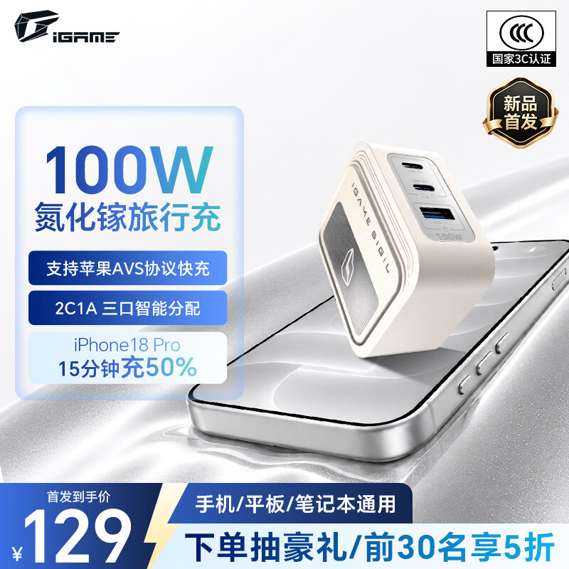 129 元 iGame 七彩虹 Sigil 100W 氮化镓旅行充电器上架:支持苹果 AVS 快充,2C1A 三口智能分配